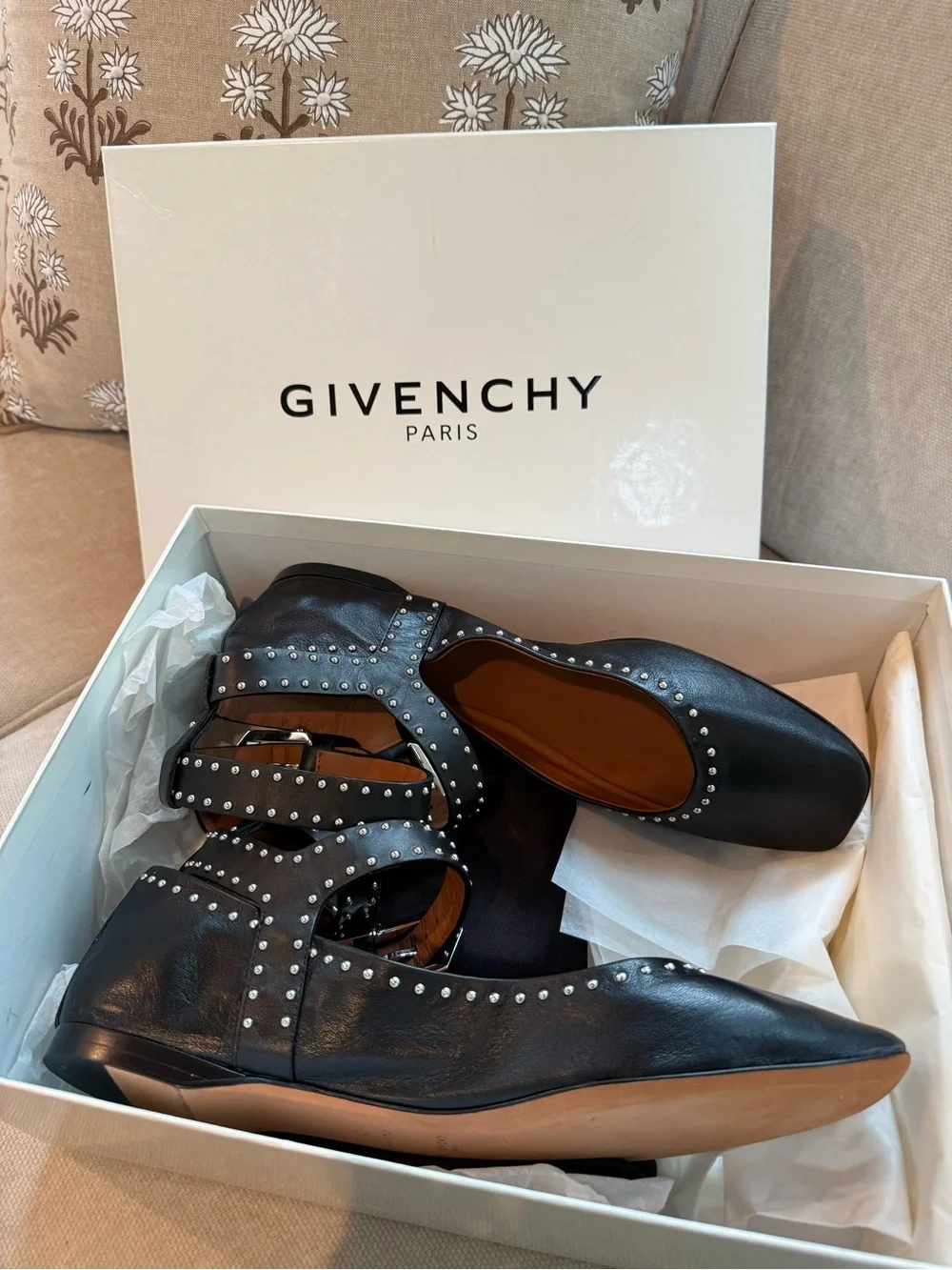 Givenchy Black Studded Leather Strappy Square-Toe Flats